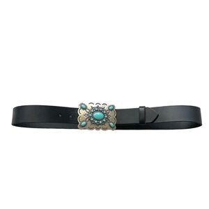 ALTAI Leather Maker Jerome AZ Black Leather Belt Silver Buckle Blue Stones 34